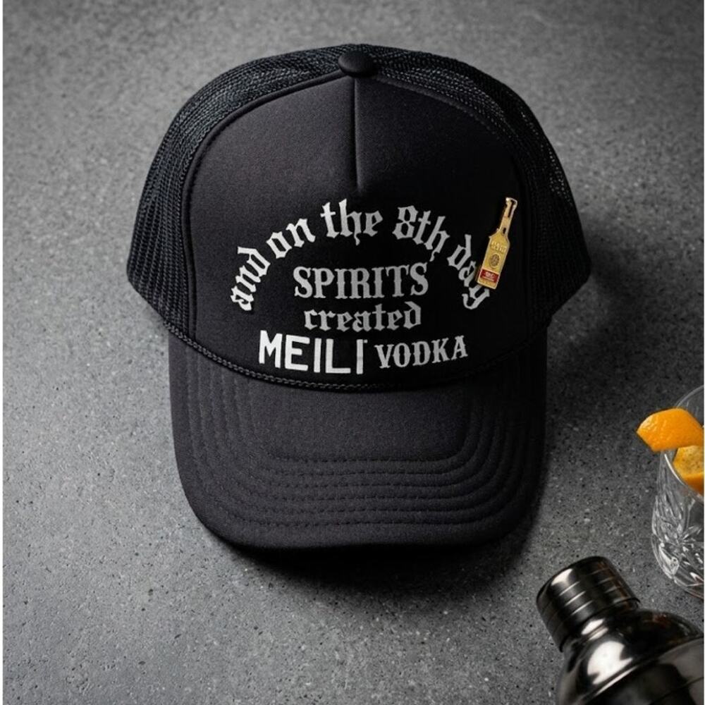 RARE Madeworn x Meili Vodka Trucker Hat Jason Momoa Promo Black Mesh Cap Pin